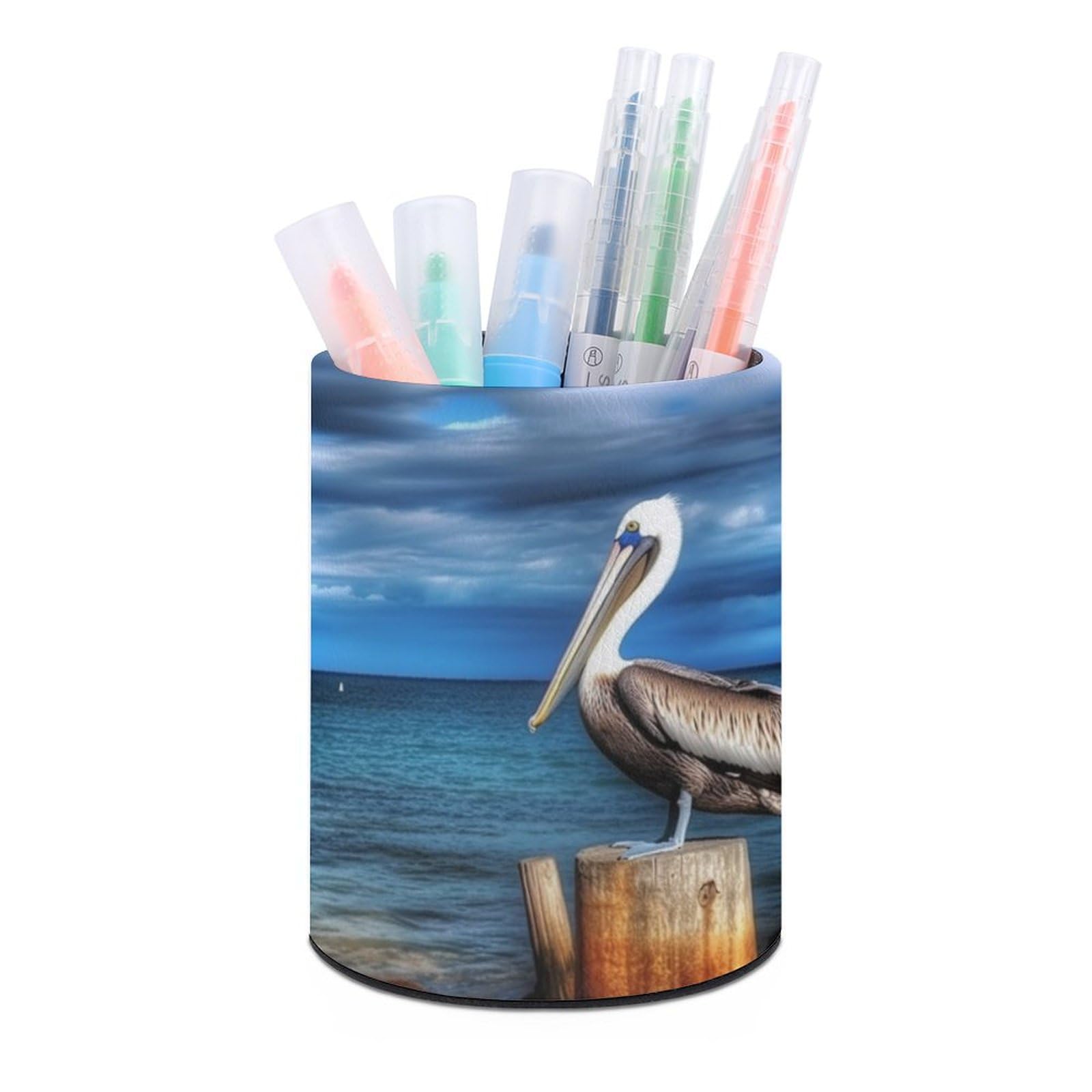 JTREHY Round Pen Holder,Pelican Bird Printed Makeup Brush Storage Box Desktop Stationery Storage Cup Office Accessories Storage Box Pencil Storage Box for Home Office Dressing Table