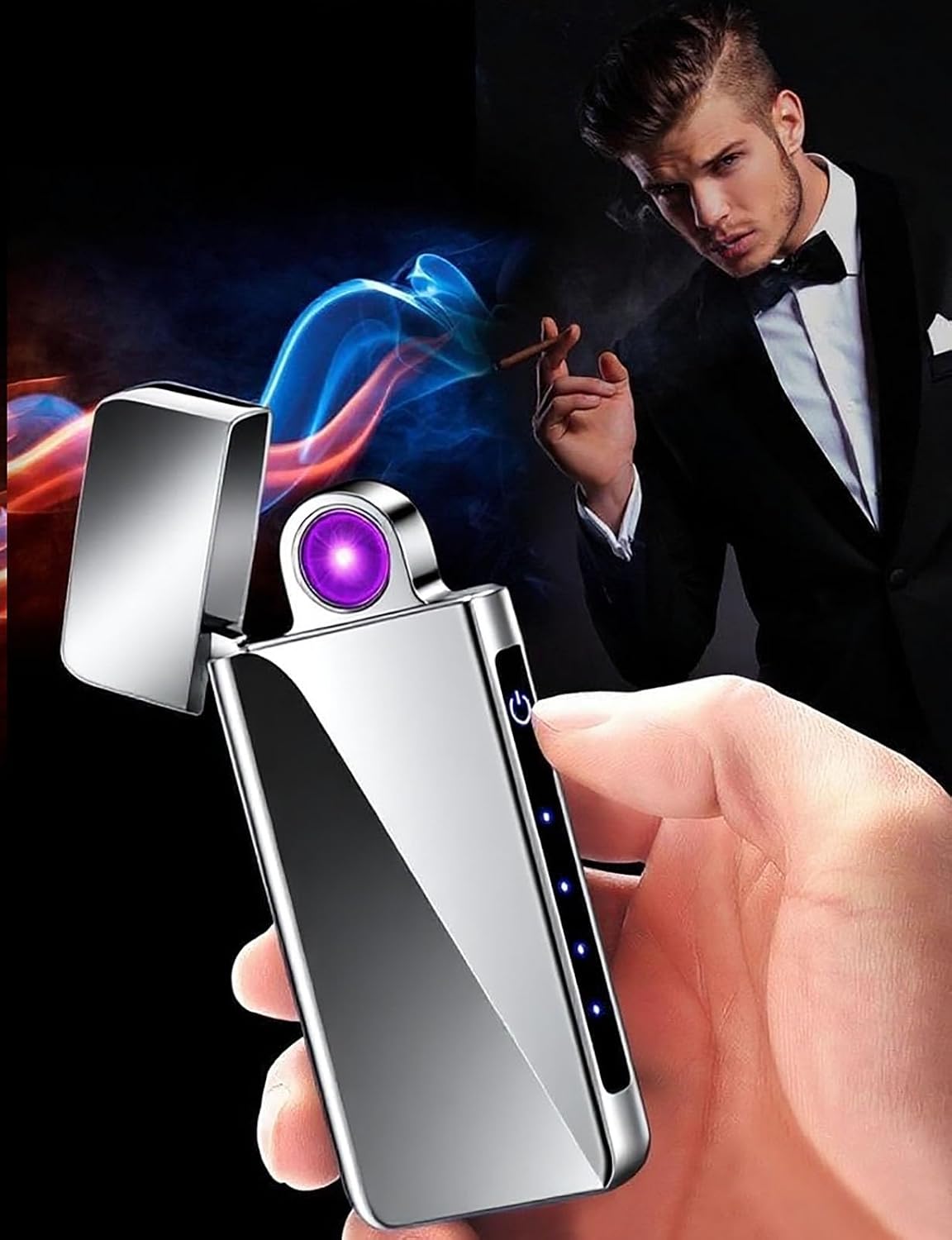 Spinning Arc Plasma Lighter - USB Rechargeable Electric Lighter with LED Display, Pocket- Size Design for Camping, Candles, Outdoor (Silver)
