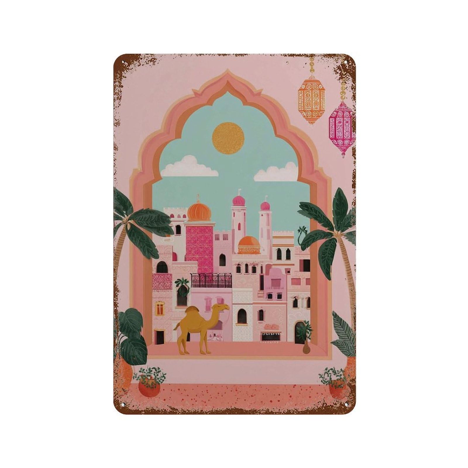 xiaoxiaoshen Marrakech City Moroccan Architecture Boho Travel Desert Sunset Exotic Wall Decor Art Metal Tin Poster Modern Home Decor Art Home Bar Shop Decorations Vintage Sign 30x20cm