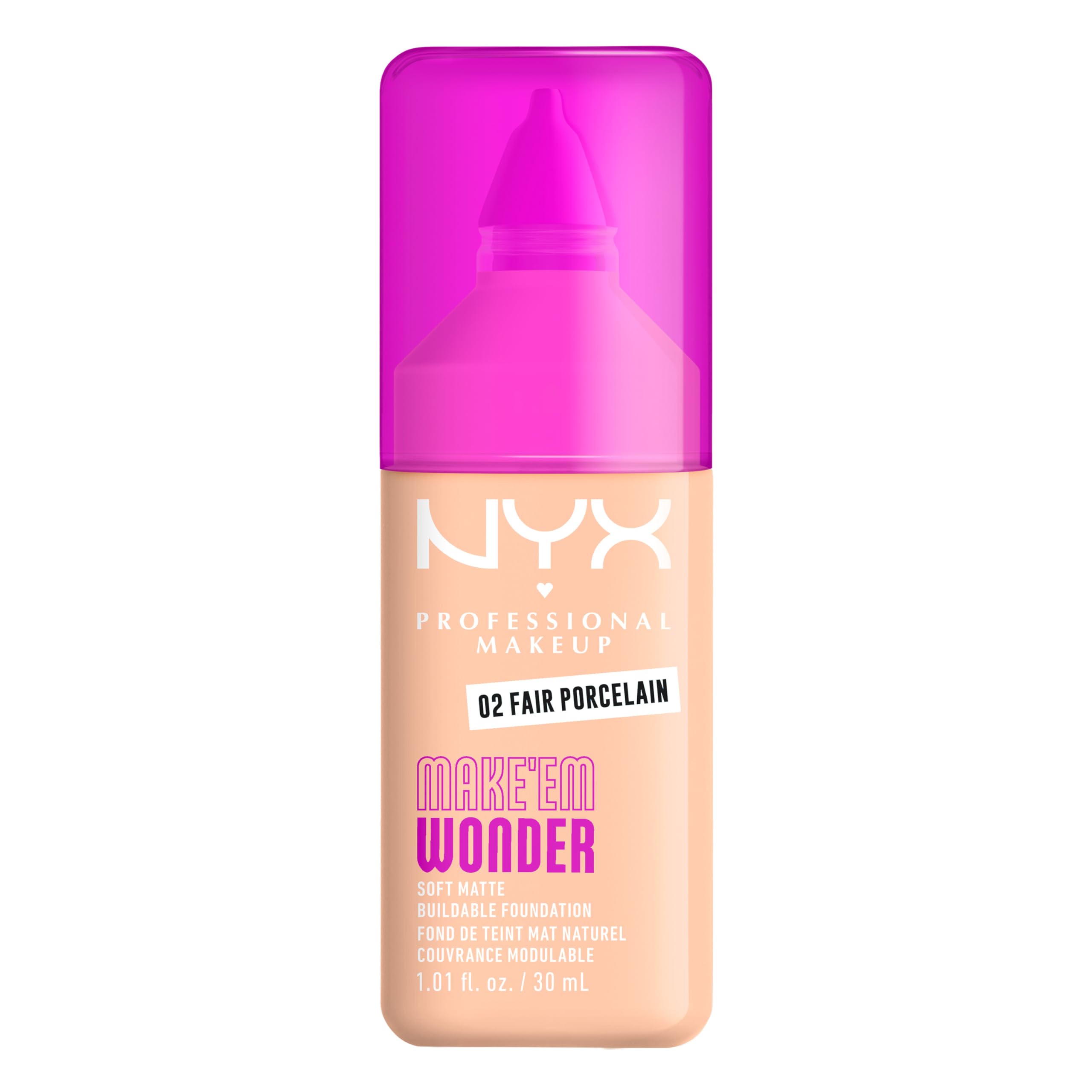 NYX Professional Makeup Make 'EM Wonder Foundation, 24H Soft Matte Aufbaubare Foundation, Mit hoher Deckkraft, Mattes Finish, 02 Fair Pocelain