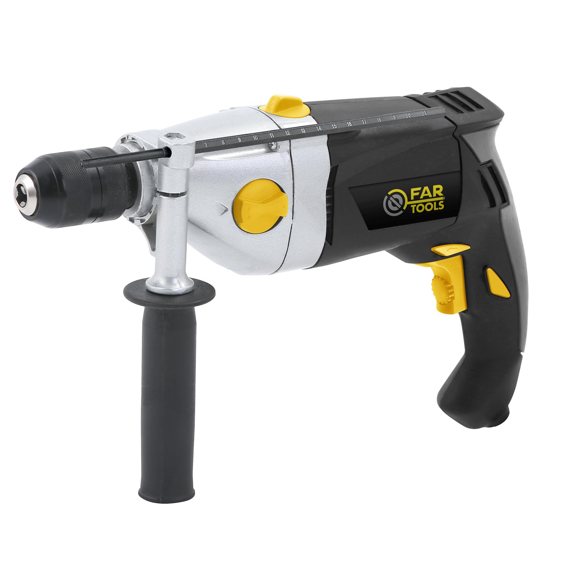 Fartools Perceuse à percussion 1200W, mandrin autoserrant métal Ø13mm, 2 vitesses variables 0-1200&0-3200tr/min, poignée auxiliaire, mallette