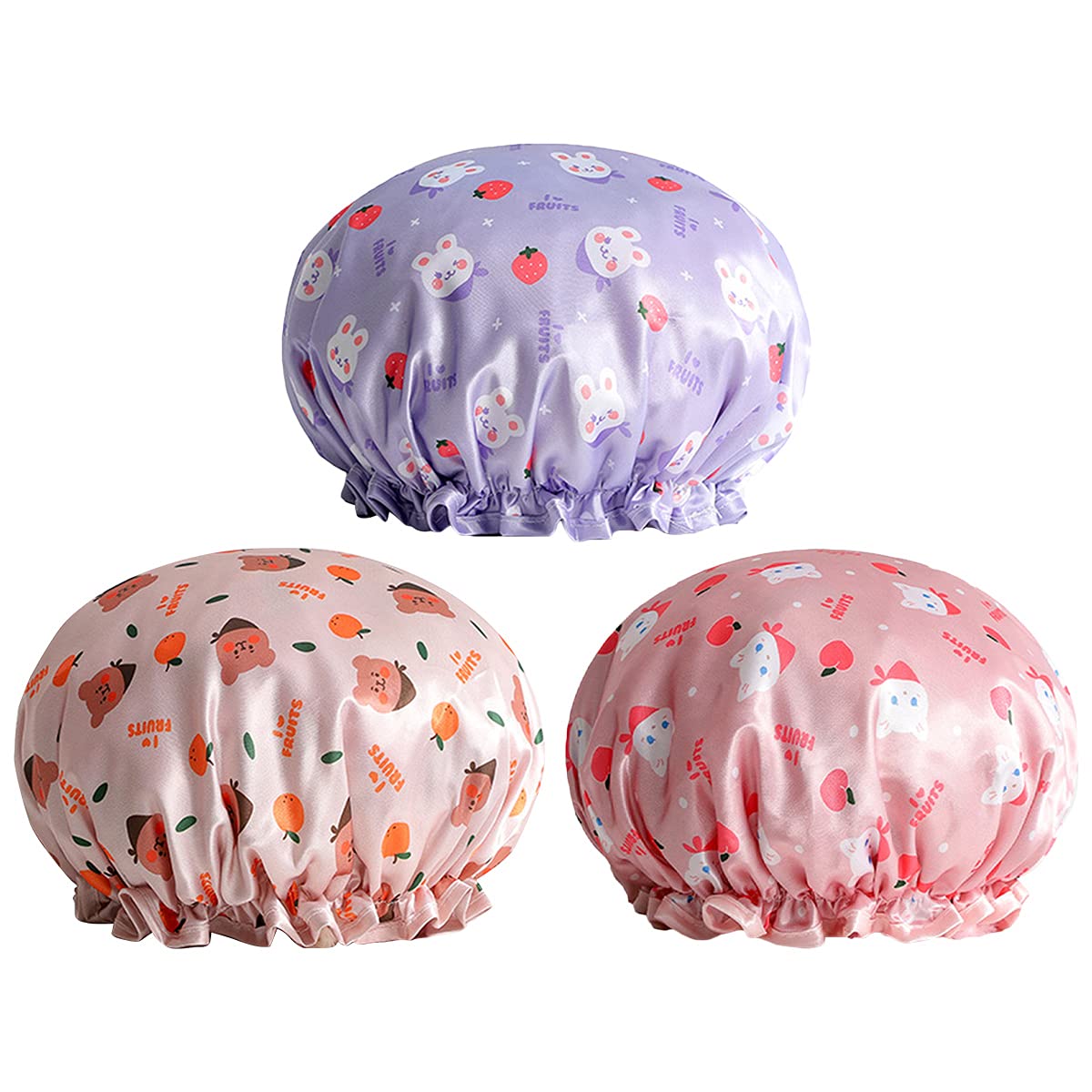 Shower Caps, 3 Pcs 27x27CM 3 Colour Large Waterproof Reusable Creative Cartoon Women's Stylish Spa Double Layers Bathing Hat