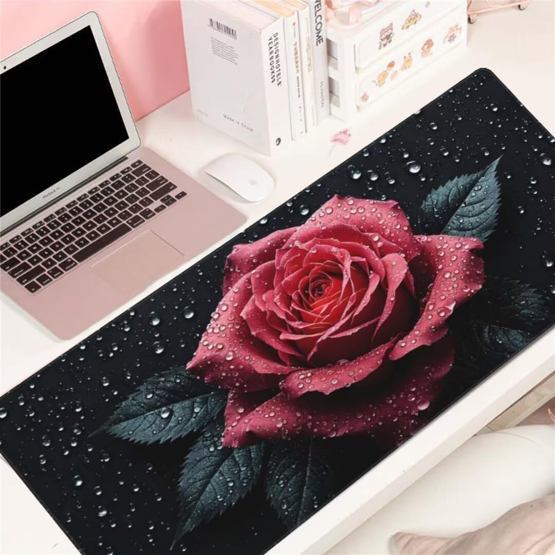 Alfombrilla de ratón 1400x600x3 MM, Alfombrilla Ratón XXL Extendida de Gran Tamaño con Bordes Cosidos, Base de Goma Antideslizante Almohadilla para Teclado, Rosa Estrellada S-11687