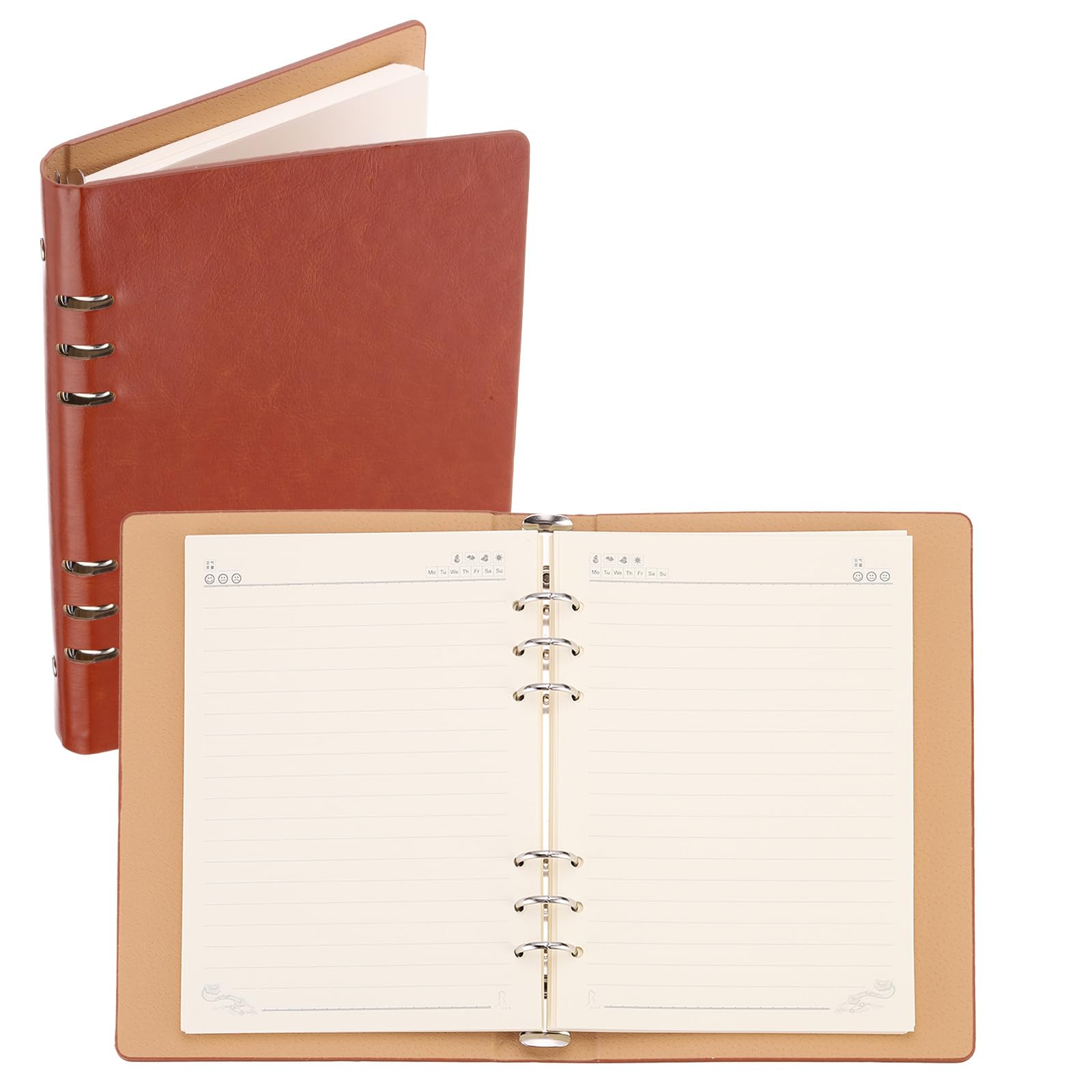 PATIKIL 6 Ring Binder Cover, A5 Leather Notebook Binder Mini Refillable Loose Leaf Personal Planner with 80 Sheets Paper, Brown
