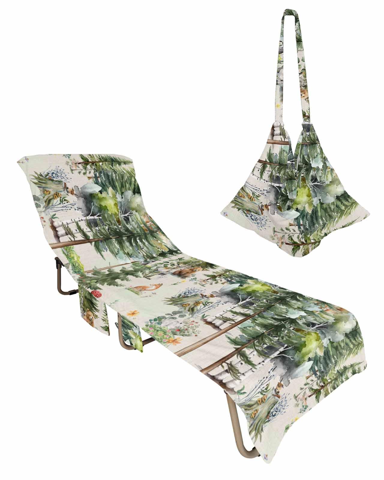 Green Forest Beach Lounge Chair Towel Cover, Soft Chaise Lounge Towel with Side Pockets Patio Pool Chairs Cover for Beach/Pool Sunbathing 29x85 Animal Eucalyptus Plant Flower Fox Elk Rabbit Bear