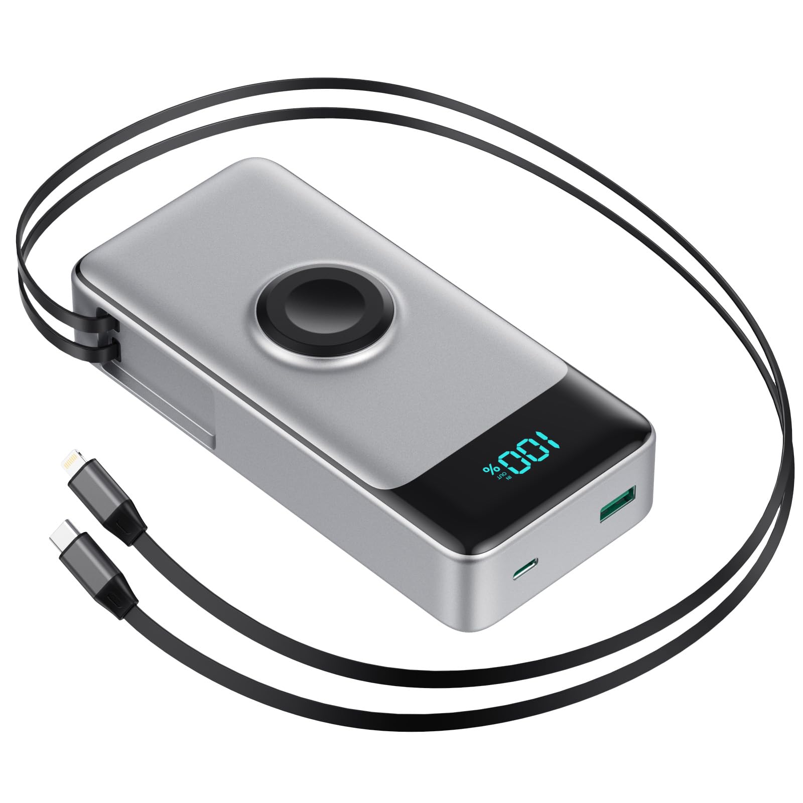 5-in-1 Portable Charger for iPhone 40800mAh Power Bank Built-in Retractable Cable and iWatch Charger 25W PD QC4 0