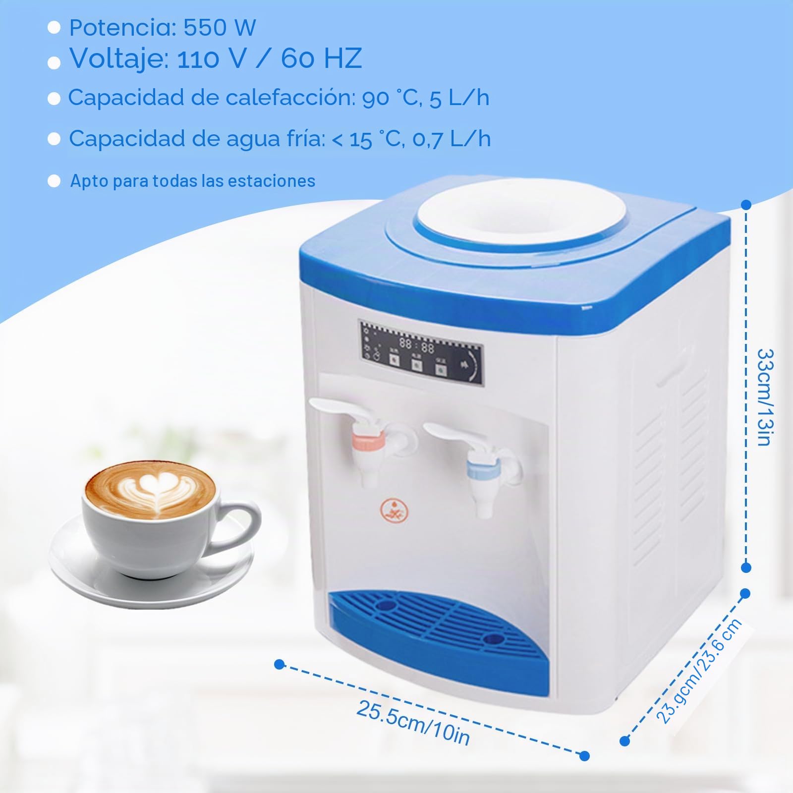 Dispensador de Agua Caliente y fría eléctrico de 550 W con 3 Indicadores, Bandeja de Goteo extraíble, pequeño Adecuado para Botellas de Agua de 4,5 a 18,9 L (no Incluye Cubos,No Hay Agua fría)