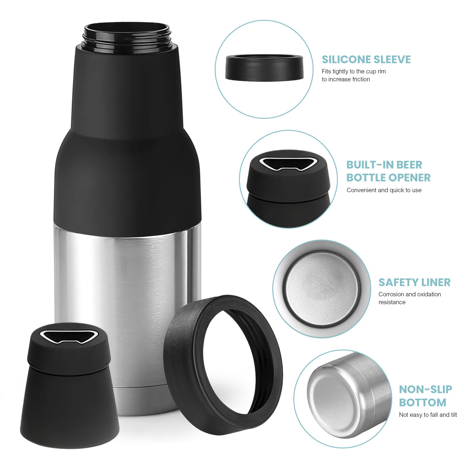 Enfriador de latas 3 en 1 al vacío de doble pared y boca ancha de 355 ml (12 oz), 414 ml (14 oz) y 473 ml (16 oz), con tapa extendida y abridor de botellas, de acero inoxidable aislado, mantiene las