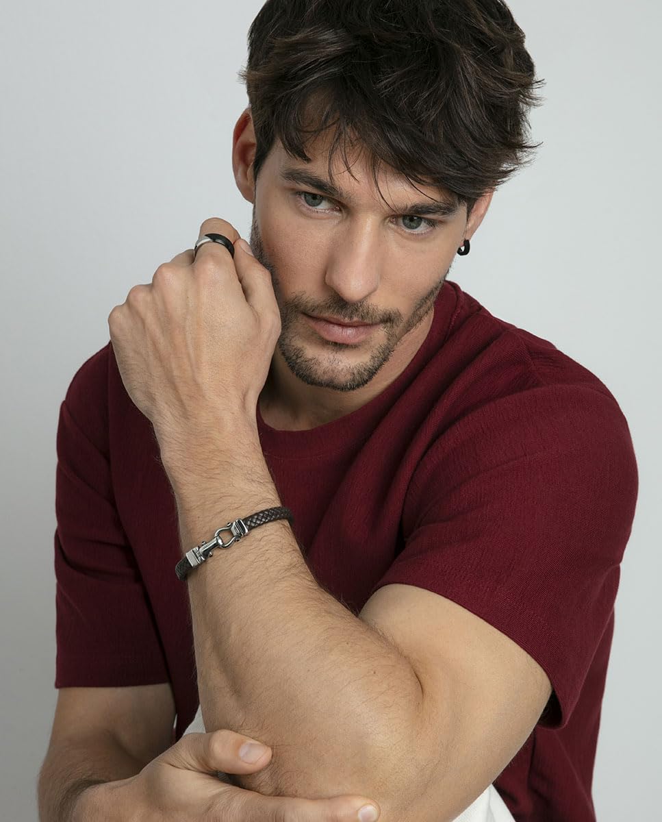 Viceroy Pulsera Hombre 14300P01011 - Acero y Piel Marrón Trenzada con Motivo de Grillete, Elegante y Moderna
