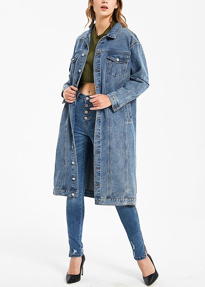 ORANDESIGNE Damen Denim Trenchcoat Jeansjacke ang Elegant Herbst Winter Jeansmantel Lang Knöpfe Revers Zerrissen Jeans Mantel Parka Jacke mit Tasten