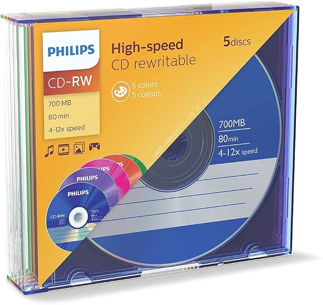 Philips CD-RW 80MIN Blank Disc x 5 Jewel Case 700MB 4-12 X Speed