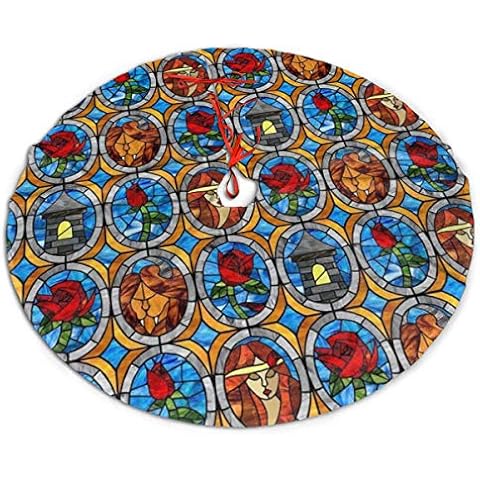 Beauty and Beast Fairytale Glass Christmas Tree Skirts 30 inch for X'Mas Home Holiday Party Decorations Indoor Tree Xmas Mat Ornaments Cover