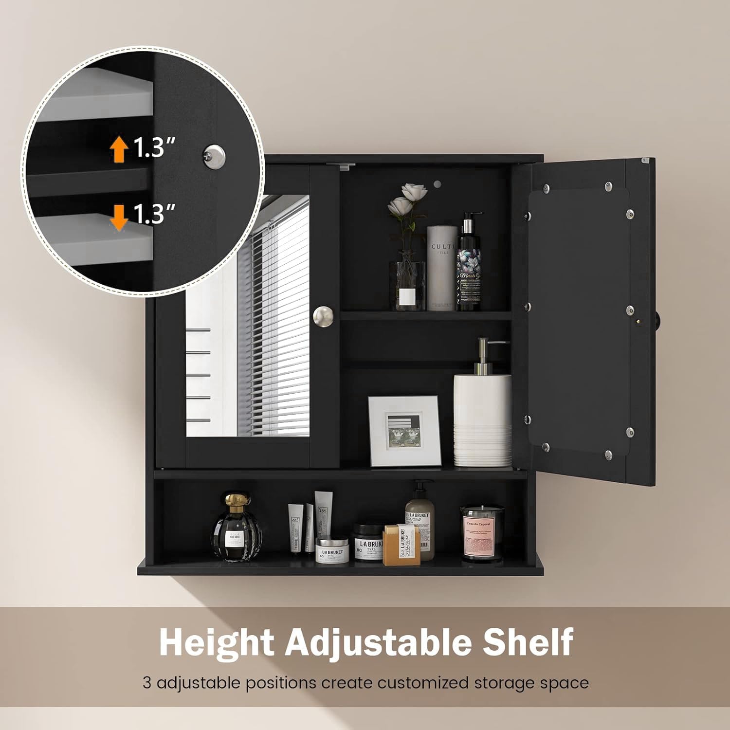 COSTWAY Bathroom Cabinet Wall Mount, Wooden Medicine Cabinet with 2 Mirror Doors, Adjustable Shelf, Open Compartment, for Laundry, Living Room, Kitchen, Black