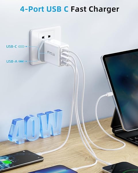 USB C Plug, 40W 4-Port Fast Charger Plug UK Dual Port PD Power Adapter +QC Multi Mains Wall Charger Type C Charging Plug for iPhone 16 15 14 13 12 11 Pro Max Plus XS XR SE,Samsung, iPad, AirPods - 3