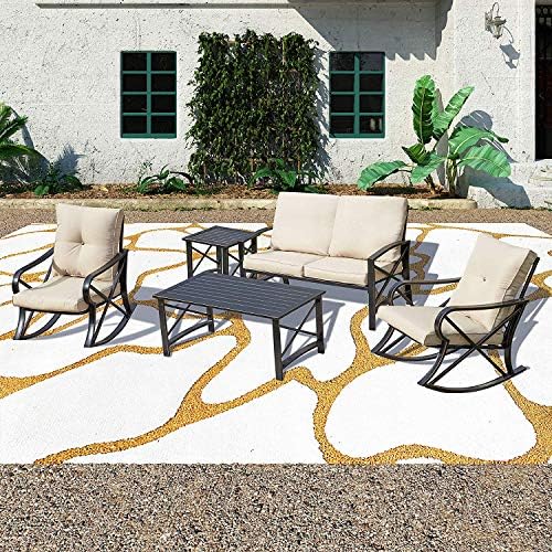 PatioFestival 5 PCS Metal Patio Furniture Conversation Set, Outdoor Patio Conversation Sectional Sets,Iron Steel Frame Loveseat Chair with Cushions, Coffee Table for Pool Backyard Lawn (5 PCS, Khaki)