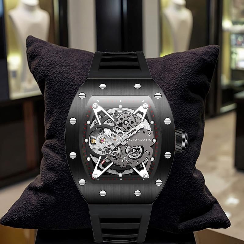 Image of Giordano Automatic Wrist Watch for Men - Open Skeleton Dial | Brushed Steel Case Mechanical Movement with Silicone Strap