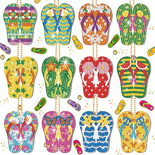 Sasylvia 12 Pcs Summer Slipper Diamond Painting Keychains DIY Diamond Painting Kits Slippers Hanging Diamond Painting Ornaments Colorful Diamond Key Ring for Adult Home Party Decor