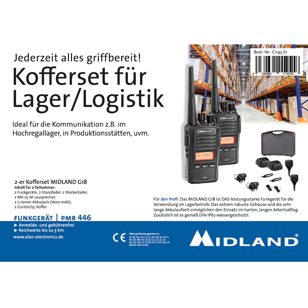 Midland G18 Pro, Two-Way-Funkgerät Walkie Talkie, 99 PMR446-Kanäle, Militärstandard Walkie Talkie, IP67-zertifiziert, Li-Ionen-Akku, Tischladegerät, Gürtelclip, schwarz