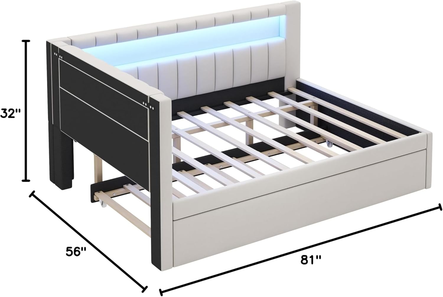Full Upholstered Daybed with Trundle and USB & LED Light for Bedroom, Living Room, Office, Small Space Design and Wodd Platform Bed,No Box Spring Needed, Beige