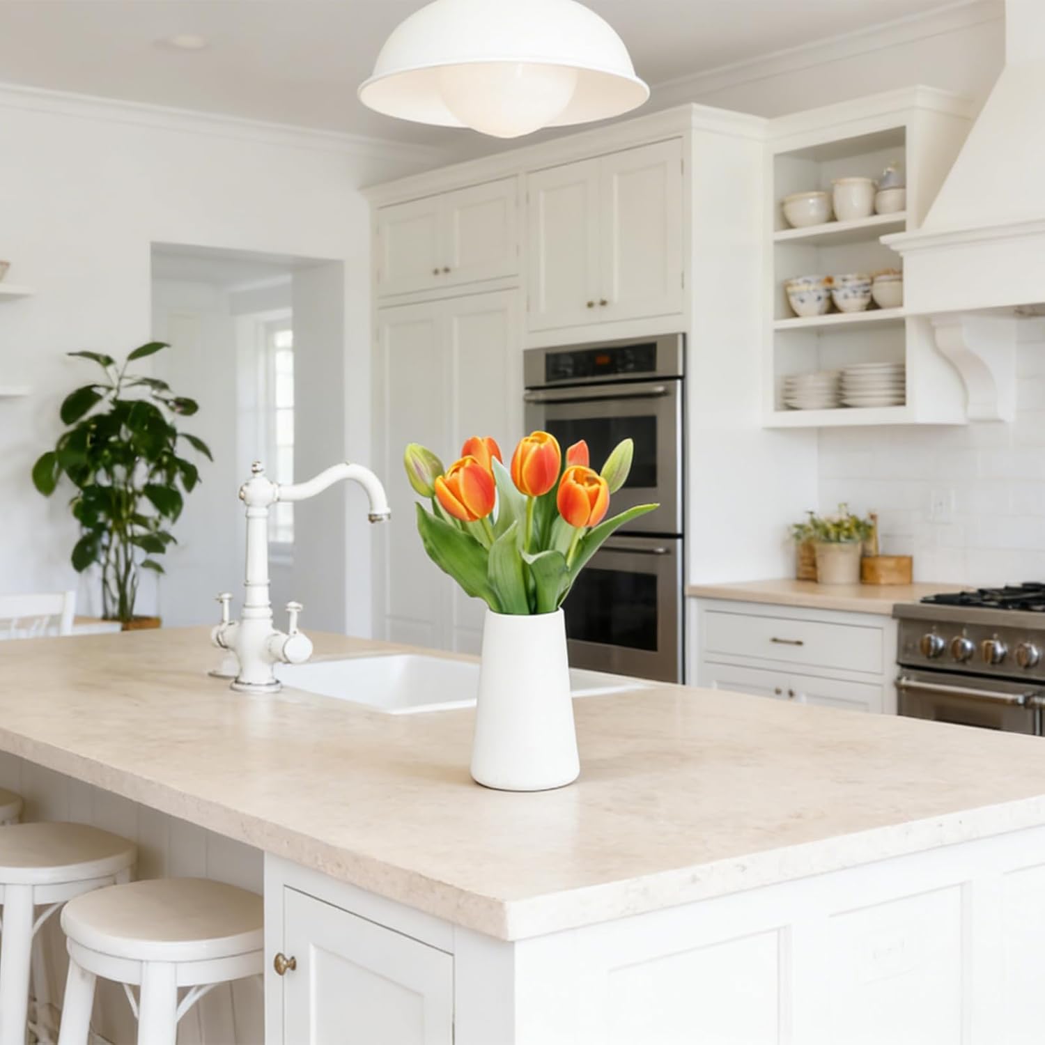 Orange Lifelike Artificial Tulips with Ceramic Vase, Soft-Touch Latex Fake Flowers Arrangement for Wedding Centerpieces, Modern Farmhouse Home & Office Table Party Room Decor