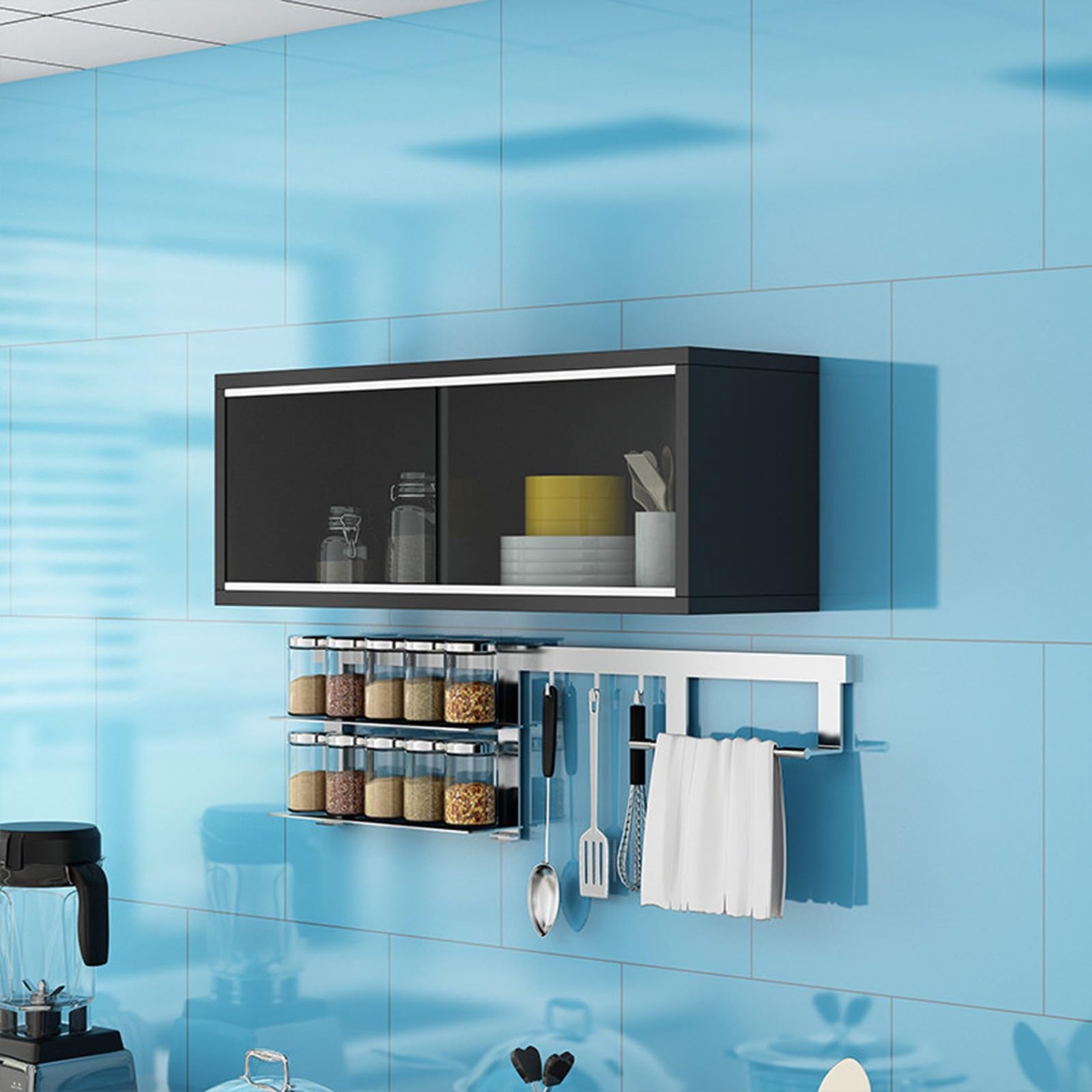 Armoire de cuisine murale étroite noire en bois massif vitrine 80cm