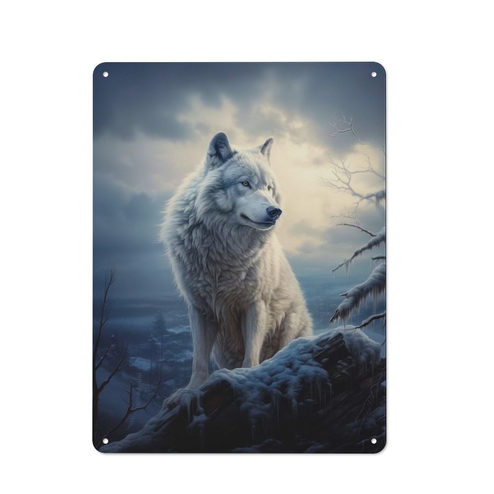 Metal Sign 40x30cm with Wolf in Snowy Mountains for Workshop Wall, Retro Decor, for Garage, Workshop And Man Cave Decoration