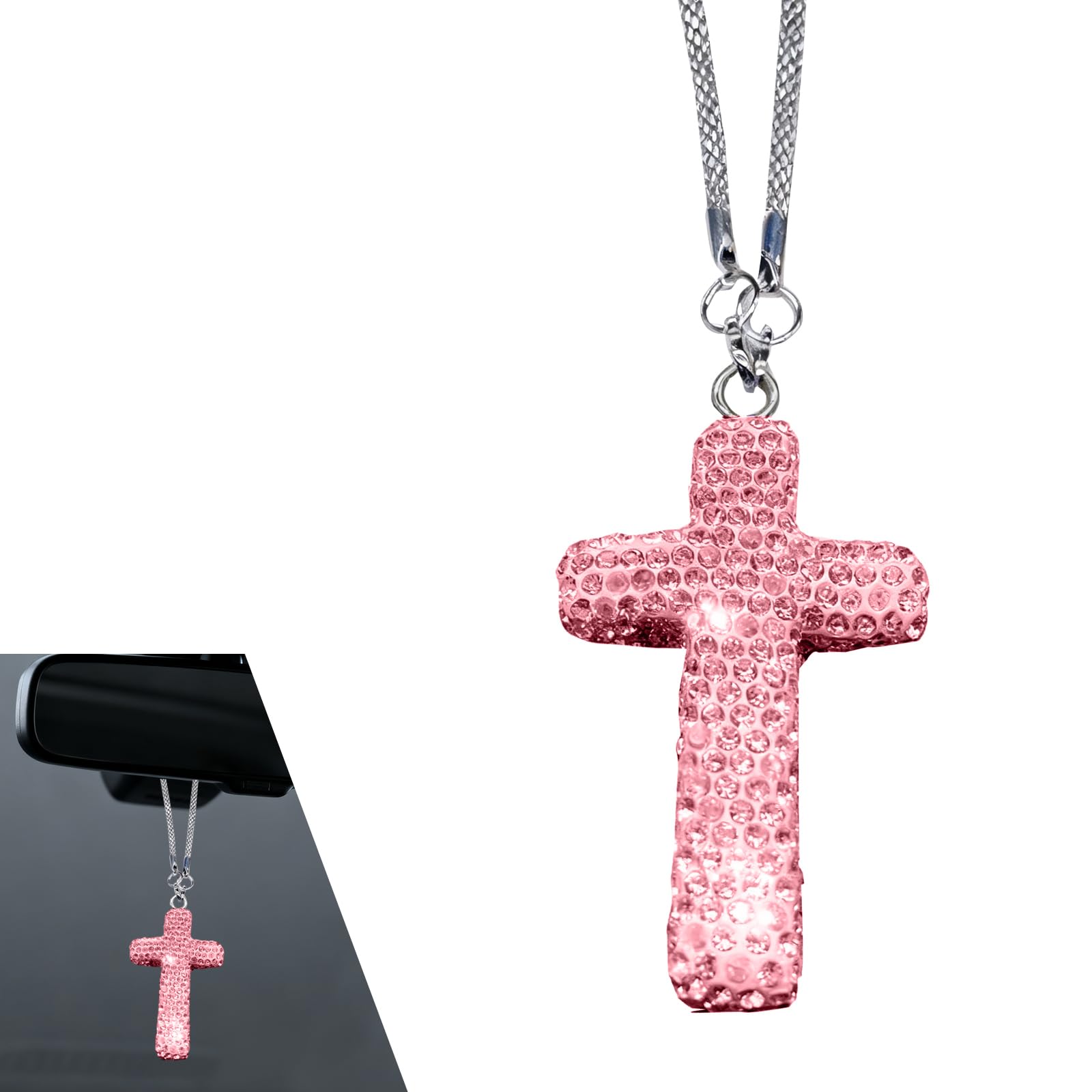Photo 1 of Teybouk Car Hanging Ornament, Bling Rhinestone Cross Pendant Rearview Mirror Ornament, Stainless Steel Rear View Mirror Decoration Charm, Universal Car Interior Accessories (White)