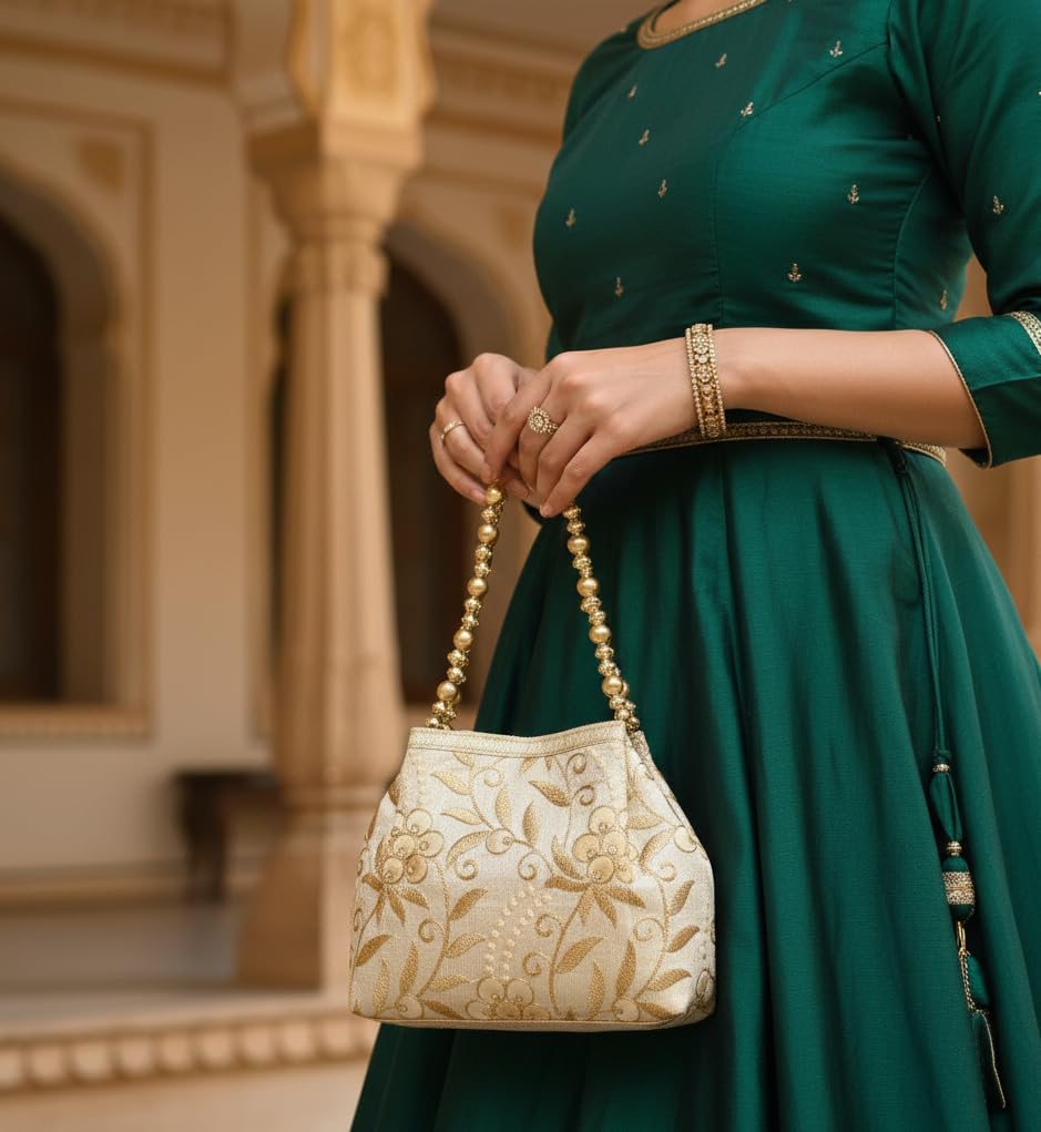 Wenz Raw-Silk Designer Potli Bag for women with Golden Embroidery and Golden Pearl Handle Tassel (Gold)