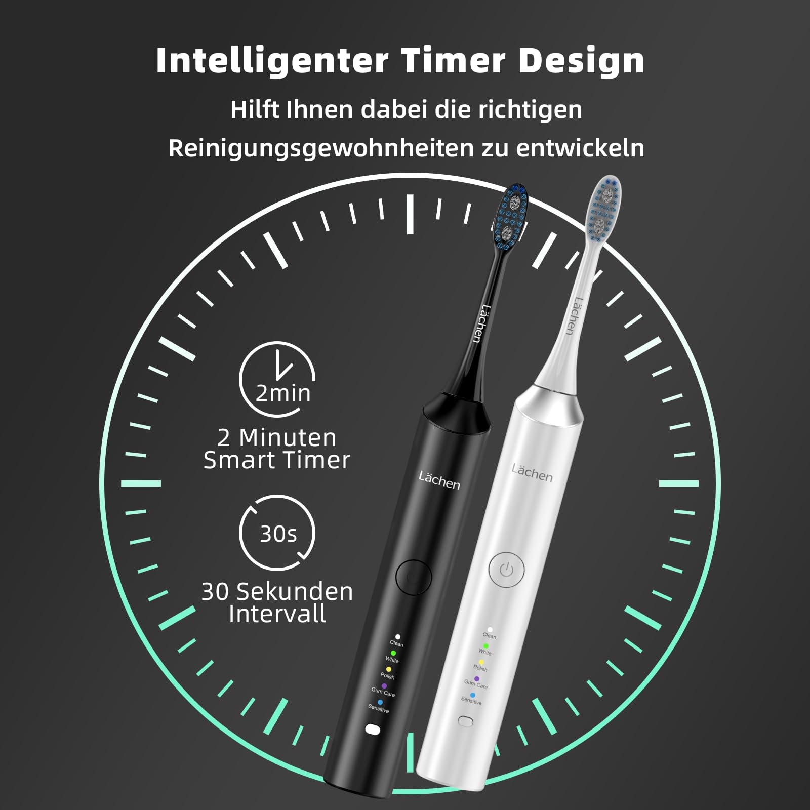 Lächen Elektrische Schallzahnbürste, 5 Modi Elektrische Schallzahnbürste mit Reise-Etui 8 Aufsteckbürsten, USB-Ladung für 60 Tage, Timer, IPX7 Wasserdicht (Weiß & Schwarz)