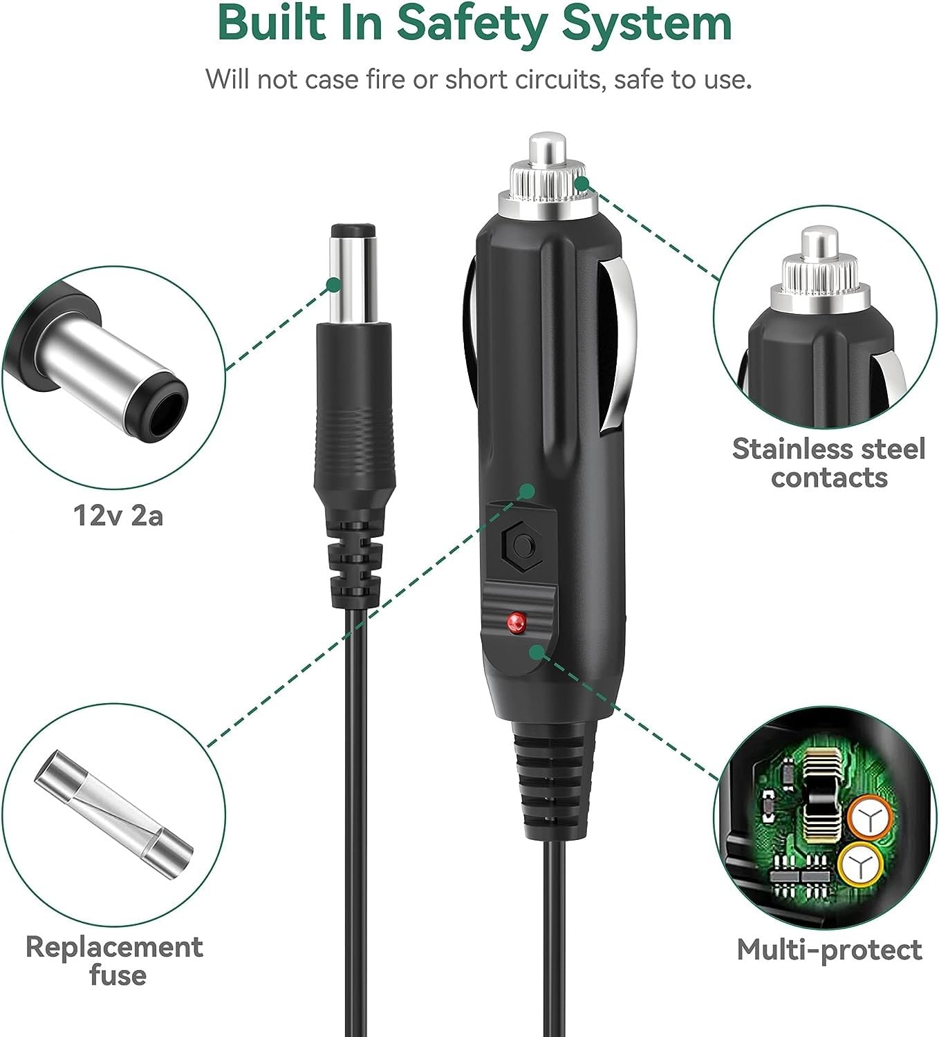 Câble Allume-Cigare 12V 1.5m 18AWG DC 5.5x2.5mm - Chargeur Voiture Pour Réfrigérateur CCTV Caméra - Fusible 10A LED Sécurité