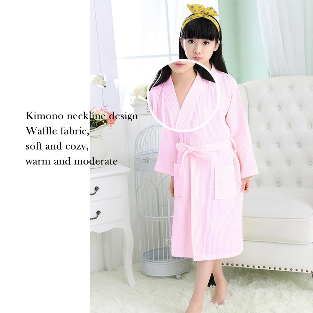 XUEMML Peignoir en Coton Gaufré for Enfants Filles, Peignoir Kimono À Carreaux en Nid d'abeille for Filles De 6 À 15 Ans(Roze,10-15 T)