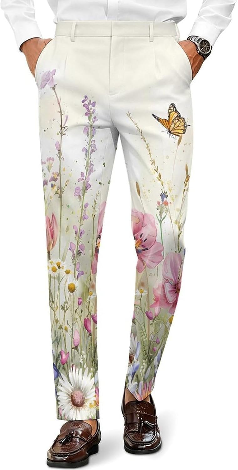Watercolor Flowers Butterflies Men's Dress Pant Suit Pants Slim-Fit Work to Weekend
