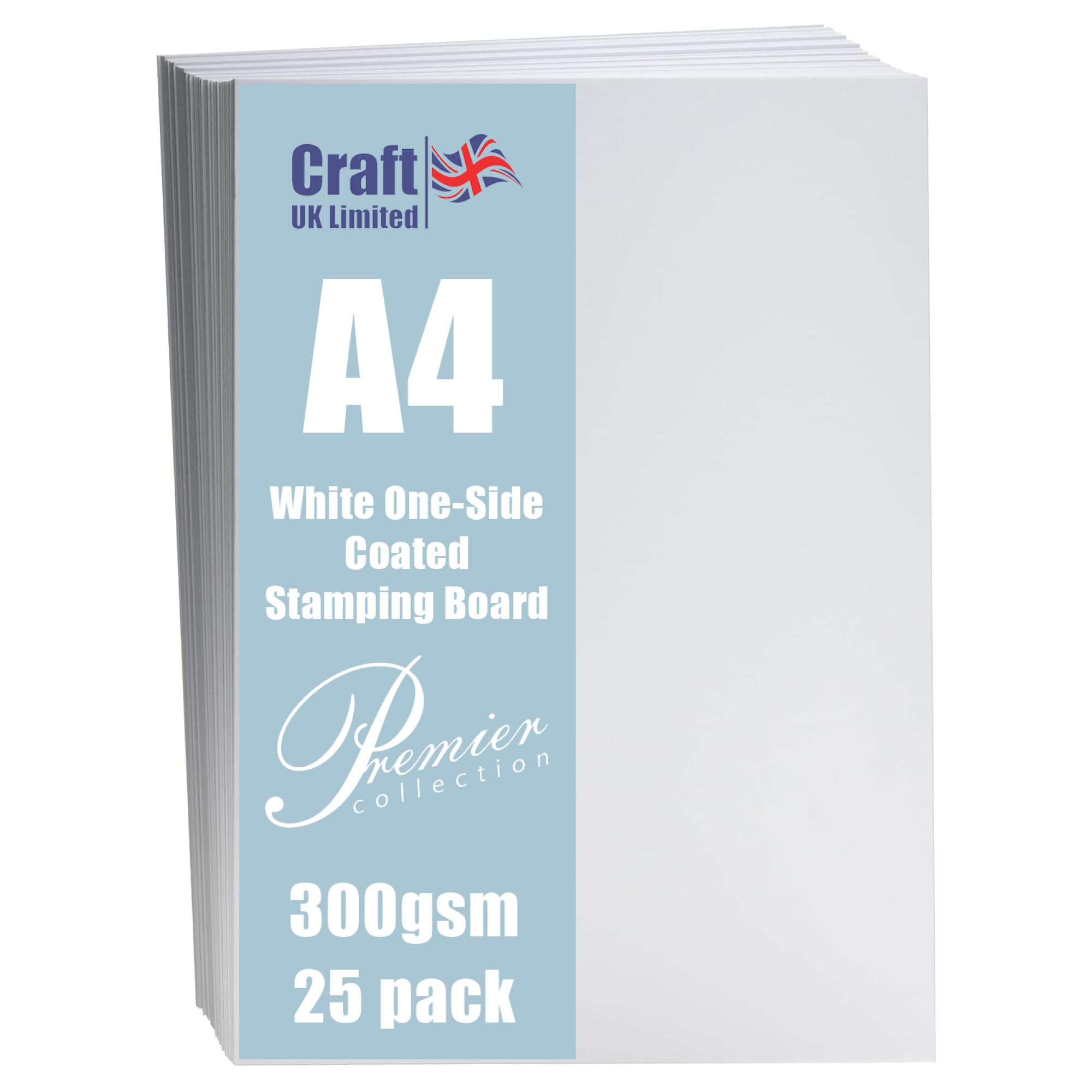 Craft UK, 25 A4 Card, Stamping Card, Smooth Cardstock Paper for Invitations and More, 300gsm, Made in the UK, One-Side Coated, Lasting Quality, White