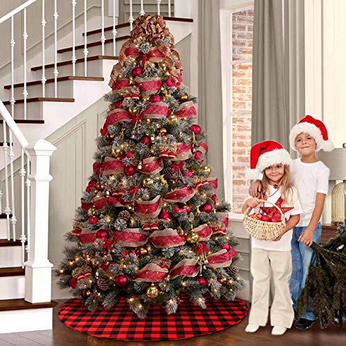 Ourwarm 48 Inch Christmas Tree Skirt Red And Black Buffalo Plaid Christmas Tree Skirt, Double Sided Burlap Tree Skirt Snowflake Xmas Tree Skirt For Holiday Rustic Vintage Christmas #TOP4