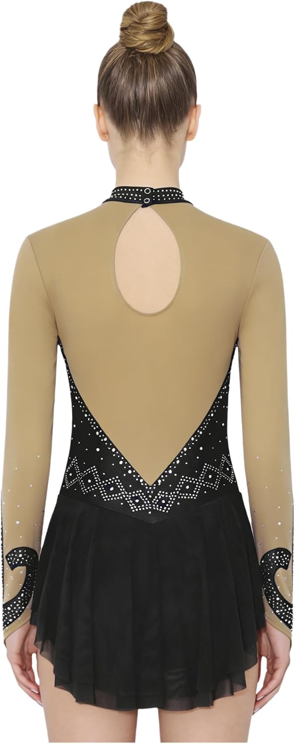 Women's Long Sleeve Figure Ice Skating Dress Rhinestone Color Block Roller Skating Lyrical Dance Costume