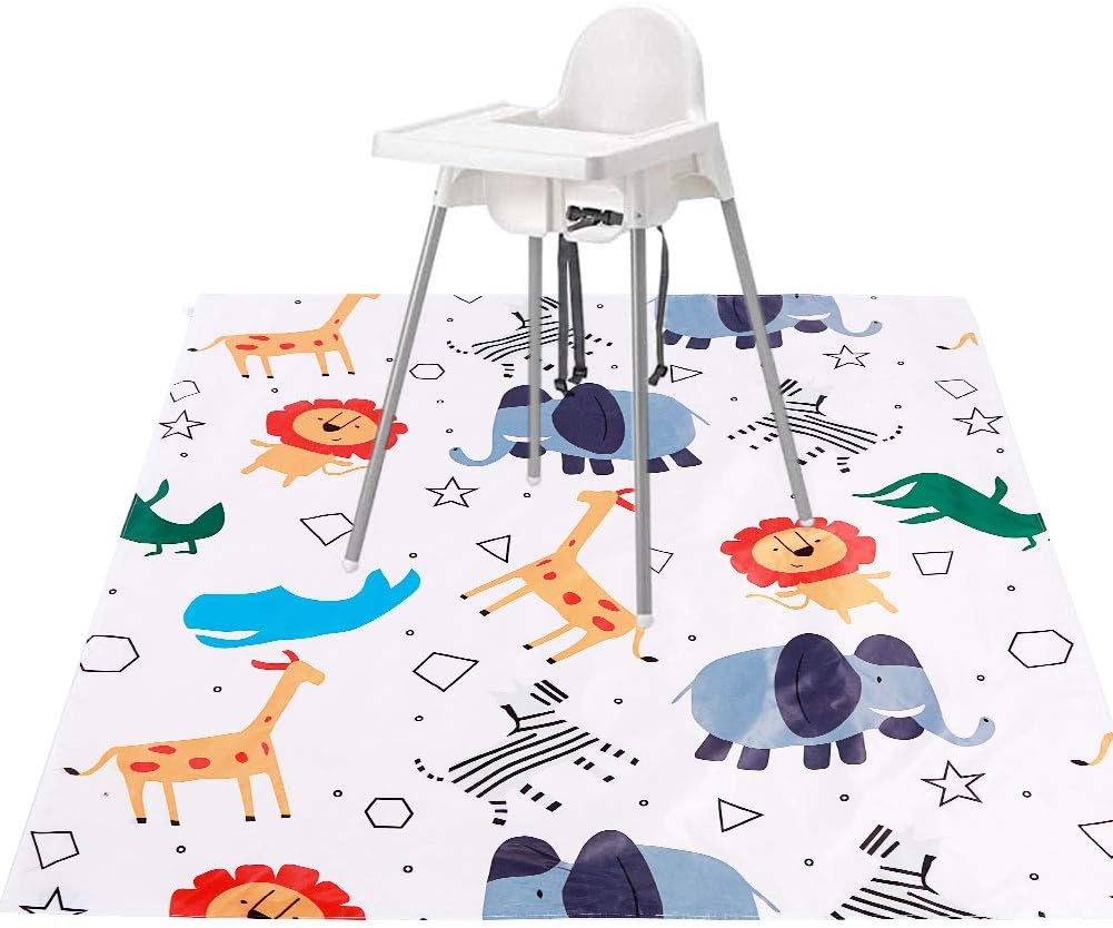 NewthinkingSplash Mat for Under Highchair, 55inch Large Waterproof Splash Mat with Non-Slip Backing for Highchair Floor Baby Play (Zoo)