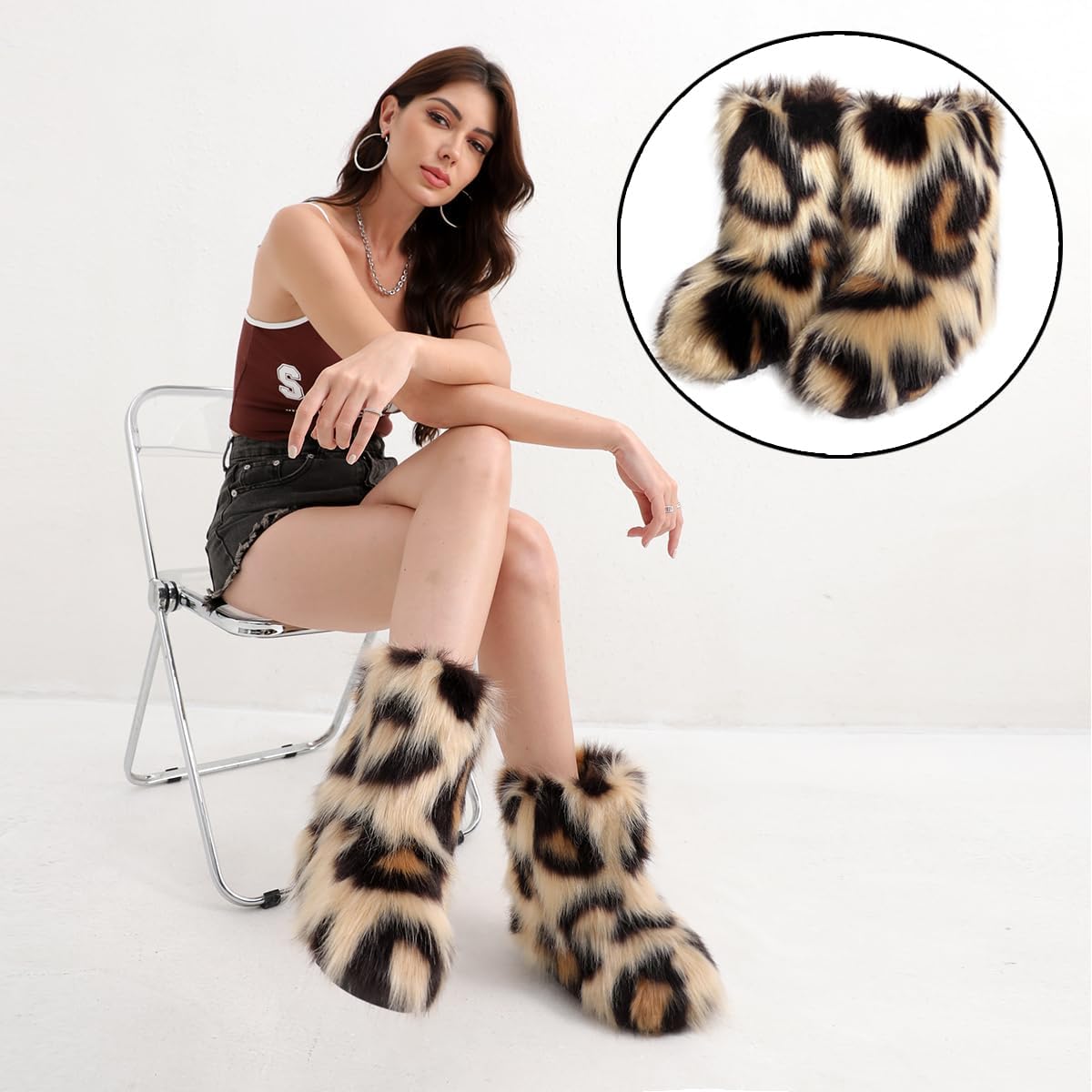 Women's Faux fur boots Furry Short Snow Boot Fluffy Mid-Calf Boots Warm Comfortable Outdoor Flat Shoes