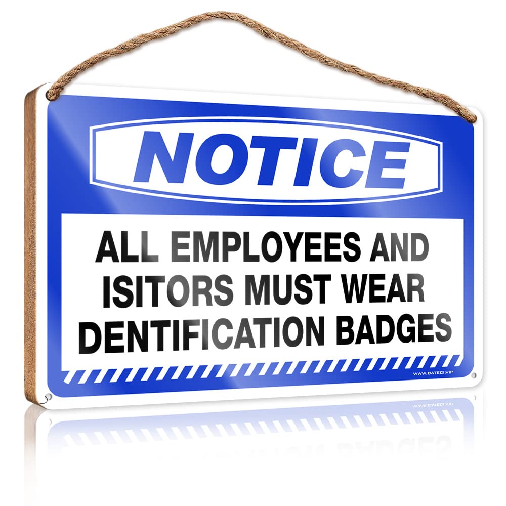 FZFN Door Decor Sign Notice All Employees And Visitors Must Wear Identification Badges Wooden Sign Vintage Decor Hanging Decor Wood(15X28CM)