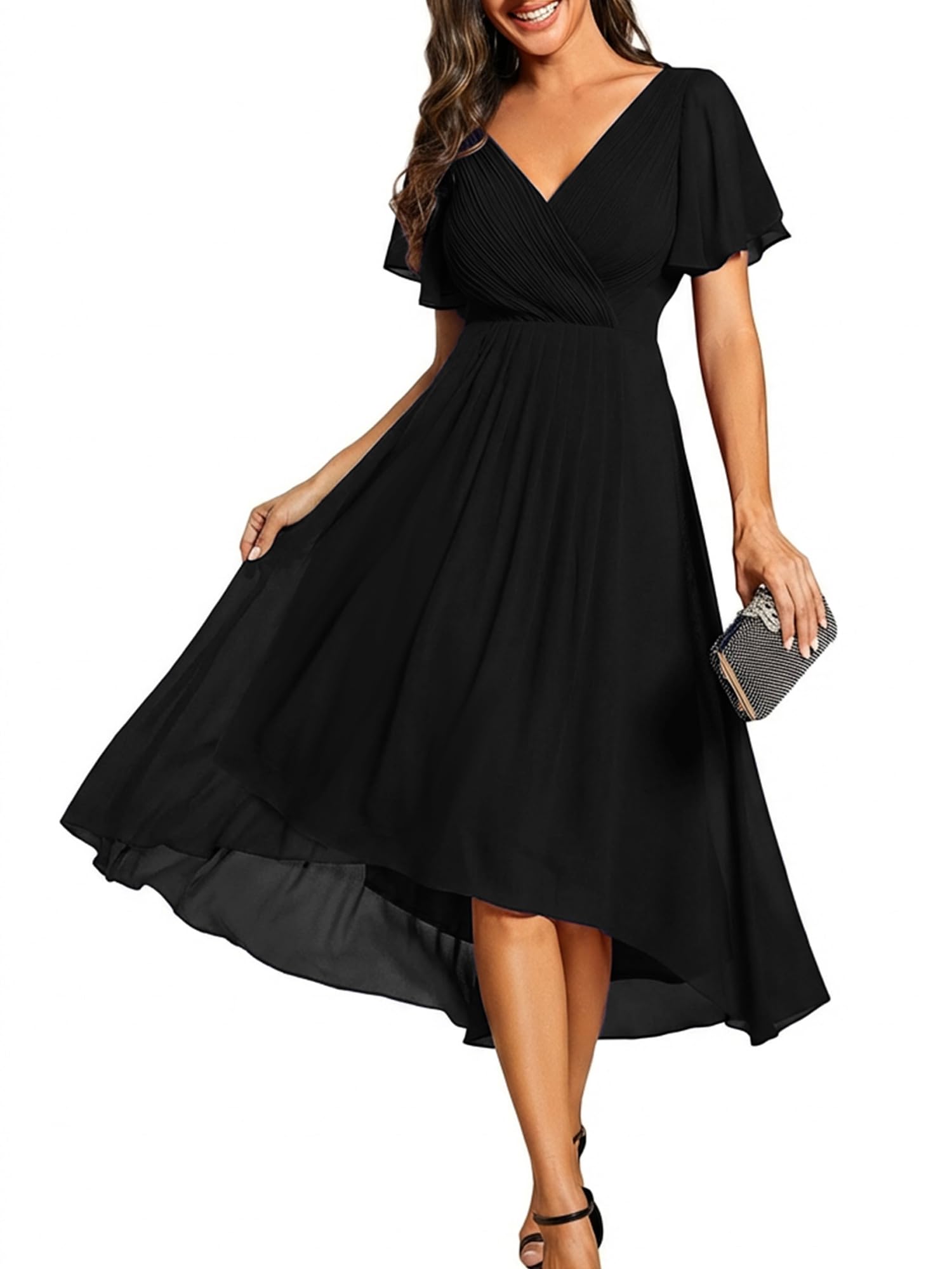 Ever-Pretty Women's Summer Chiffon Formal Wedding Guest Dresses Pleated V-Neck Short Sleeves Cocktail Dress 01923