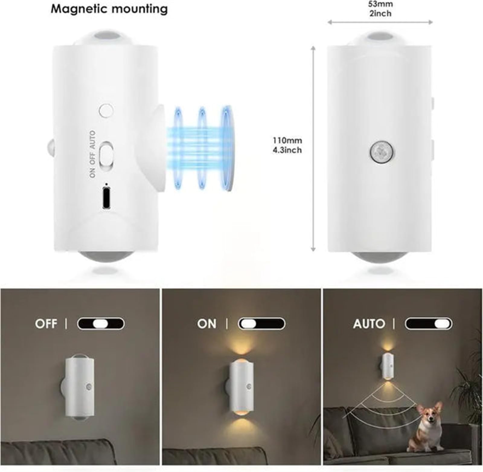 Luce con sensore di movimento magnetico, è possibile spostarsi ovunque, luce con sensore di movimento per interni, lampada da parete a LED con design ricaricabile USB e cuscinetto magnetico