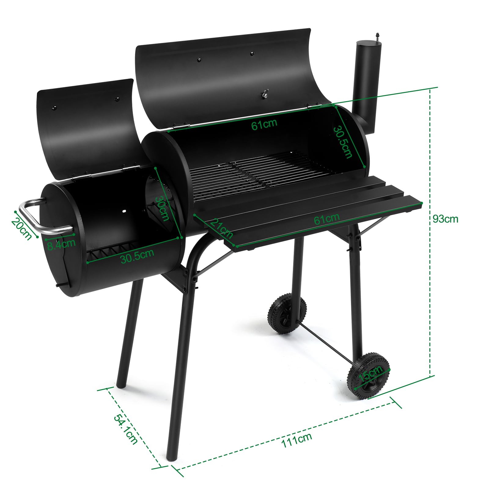 LEADZM Barbecue Charbon de Bois avec grande grille de cuisson–Double foyer，Chariot de barbecue mobile haut de gamme - Fumoir en métal pour jardin et terrasse, 111x54x93 cm