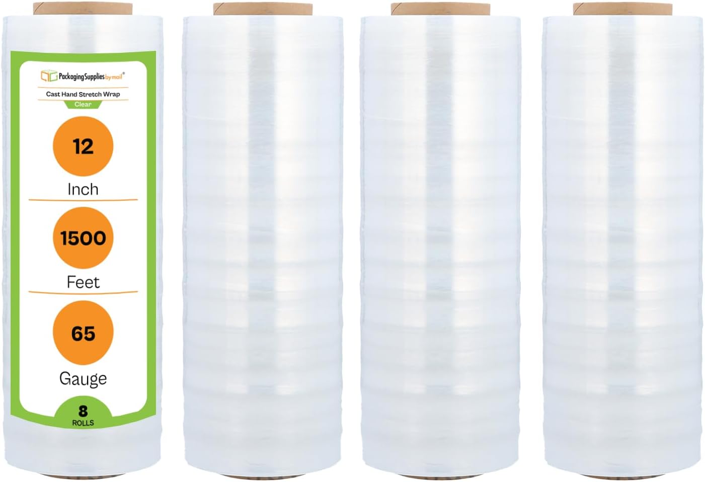 PSBM Stretch Wrap, 8 Rolls 12 Inch x 1500 Feet 65 Gauge Heavy Duty Clear Plastic Wrap Industrial Strength Shrink Film for Moving, Packing & Shipping