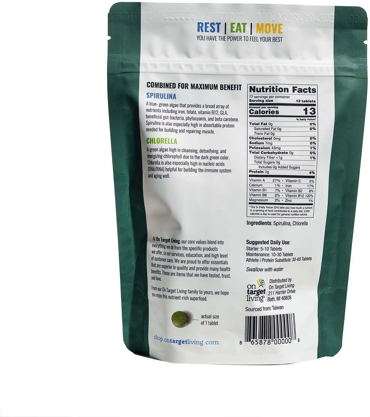 On Target Living Organic Spirulina Chlorella | USDA Organic | Vegan | Immune Support | Alkalyzing | Nutrient Dense | Protein Dense (2000 Tablets)