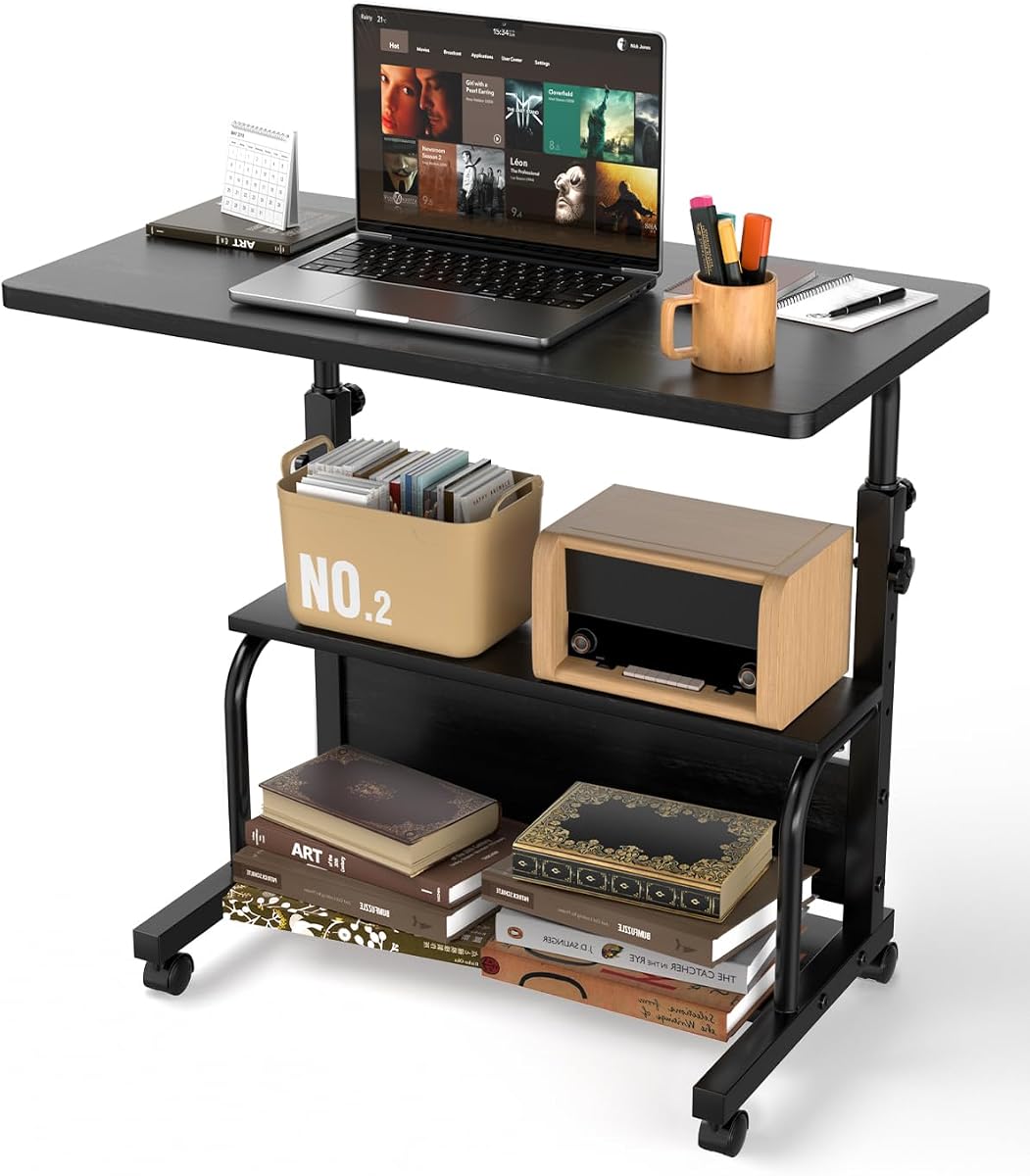 QZMDSM Escritorio portátil con ruedas, escritorios de altura ajustable para espacios pequeños, mesas de dibujo para computadora de 32 pulgadas con estantes de almacenamiento para oficina en casa, color negro