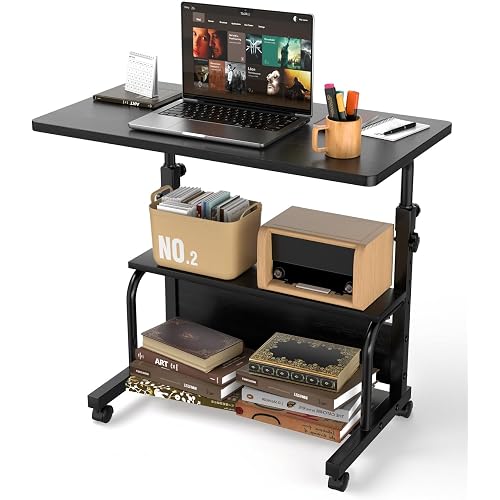 QZMDSM Portable Rolling Desk on Wheels Adjustable Height Desks for Small Spaces, 32" Computer Desk Drafting Tables with Storage Shelves for Home Office Black