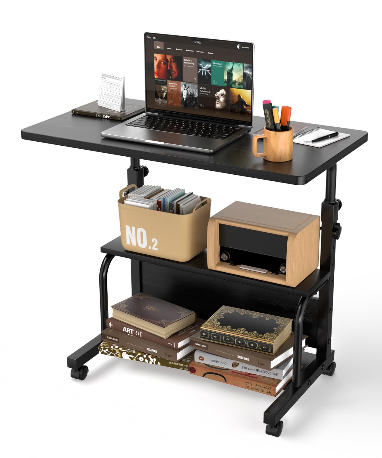 Portable Rolling Desk on Wheels Adjustable Height Desks for Small Spaces 32 Computer Desk with Storage Shelves for
