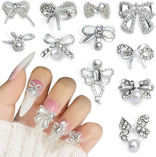 11 piezas de dijes de uñas de lazo plateado de estilos mixtos de lujo, diamantes de imitación de aleación de metal para uñas, dijes para uñas 3D