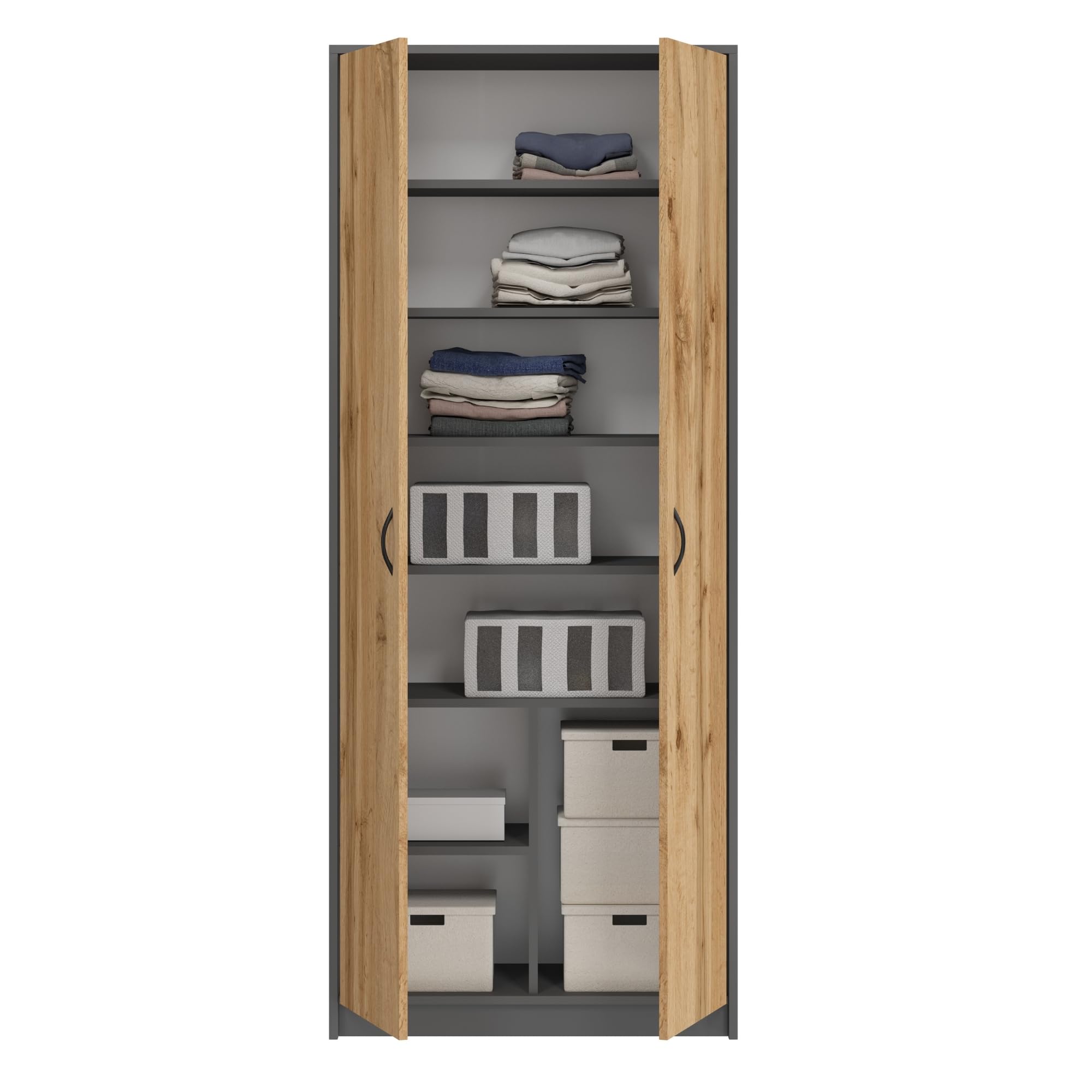 Home Collective Armoire Multi-usages Anthracite-chêne 74 cm L x 180 cm H avec 6 étagères et Compartiment supplémentaire, Rangement en Bois pour Chambre, Bureau ou Couloir