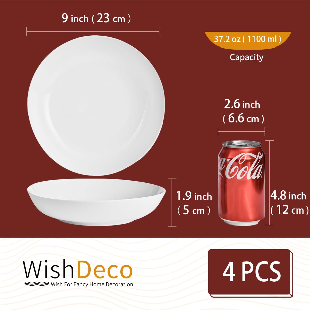 WishDeco Lot de 4 Grandes Assiettes à Pâtes, Saladier en Porcelaine 1100 ml, Assiettes Creuses Blanches, Bols à Pâtes Ceramique, Assiettes Profondes, Bol de Service pour Nouilles, Ramen
