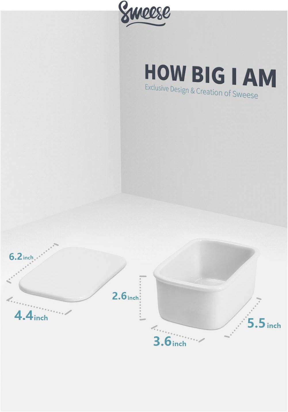 Sweese 320.101 Butter Dish with Lid, Perfect for 2 Sticks of Butter and 8oz Butter, Easy to Clean - Porcelain, White